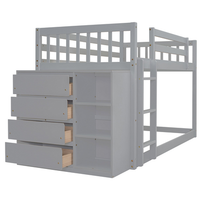 Twin over twin bunk bed with solid wood frame, featuring 4 drawers and 3 shelves for versatile bedroom storage.