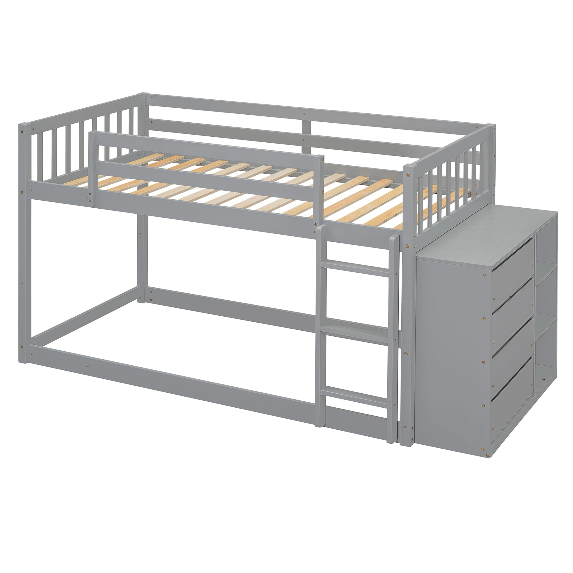 Start2Finish twin over twin bunk bed with solid wood frame, featuring four drawers and three shelves for versatile bedroom storage.
