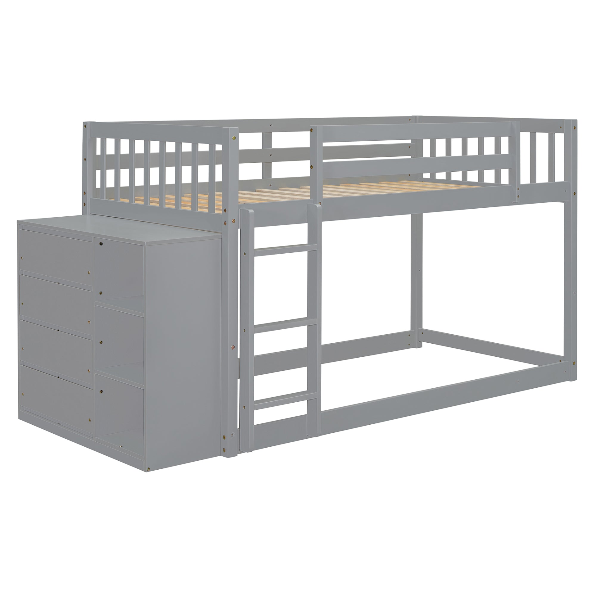 Solid wood twin over twin bunk bed with four drawers and three shelves, Start2Finish furniture, sturdy bedroom furniture design.