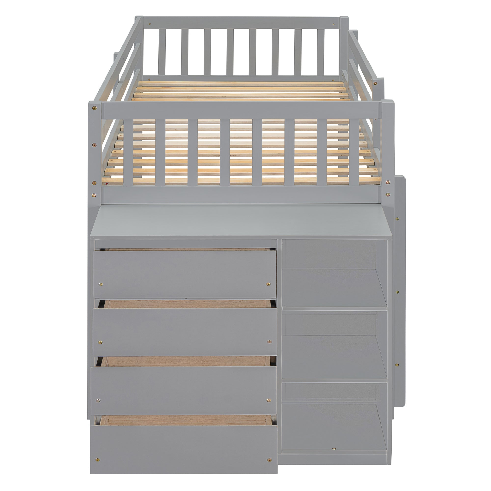 Start2Finish twin over twin bunk bed with solid wood frame, built-in 4 drawers and 3 shelves for versatile bedroom storage.