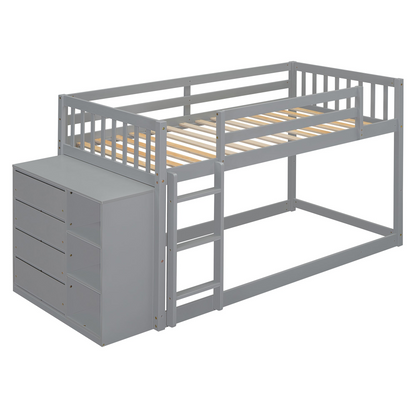Start2Finish twin over twin bunk bed with solid wood frame, four storage drawers, and three shelves in a modern furniture design.