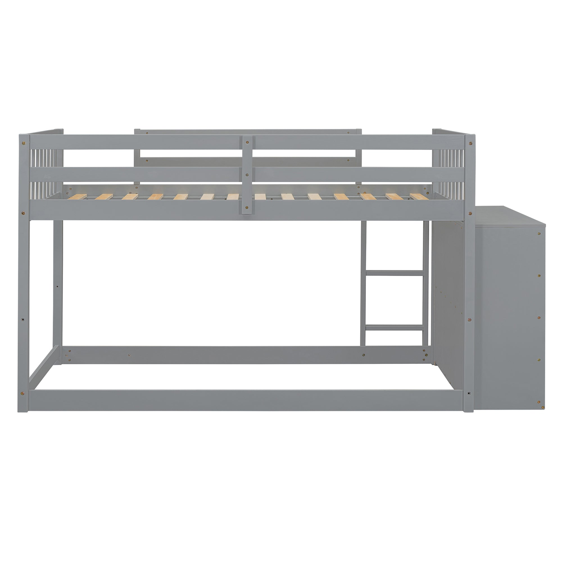 Solid wood twin over twin bunk bed with four drawers and three shelves, Start2Finish furniture for space-saving sleeping solutions.