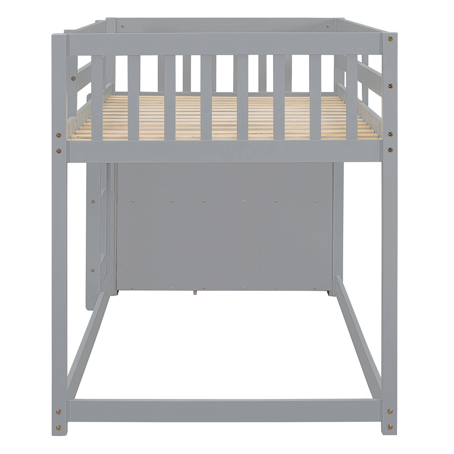Solid wood twin over twin bunk bed with four drawers and three shelves, designed by Start2Finish, shown in a modern bedroom setting.