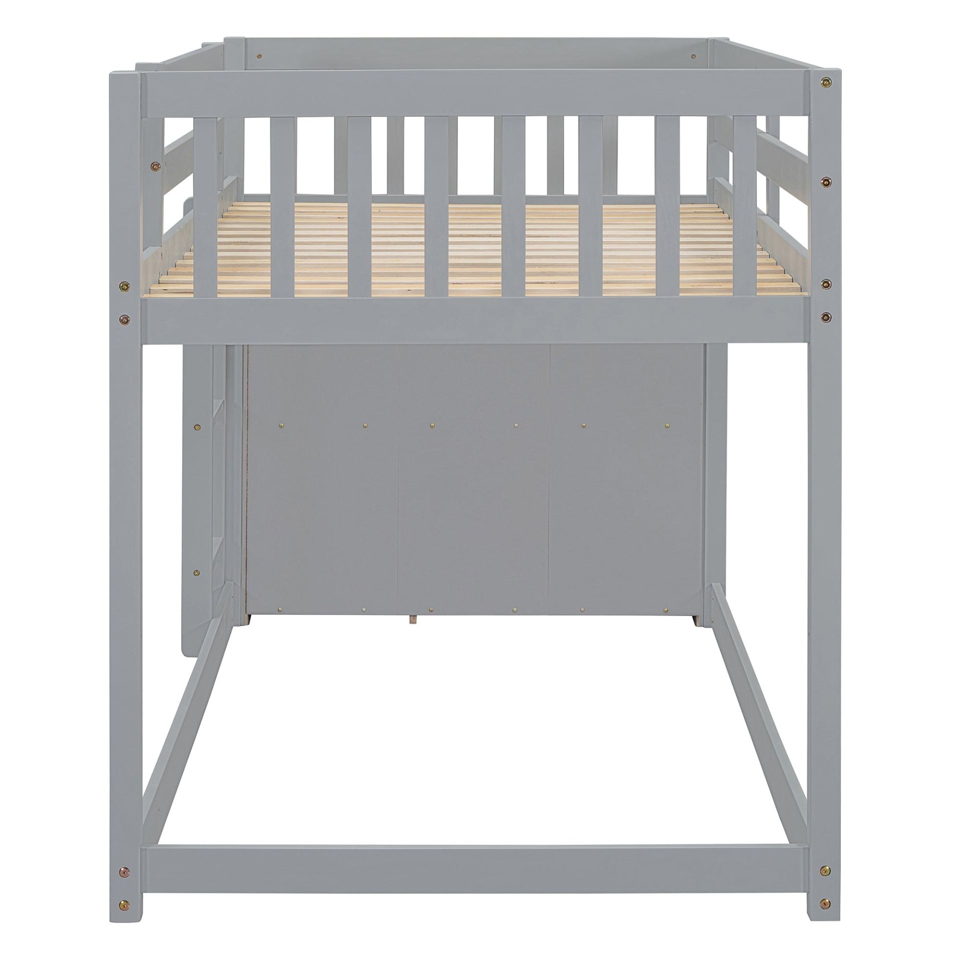 Solid wood twin over twin bunk bed with four drawers and three shelves, designed by Start2Finish, shown in a modern bedroom setting.