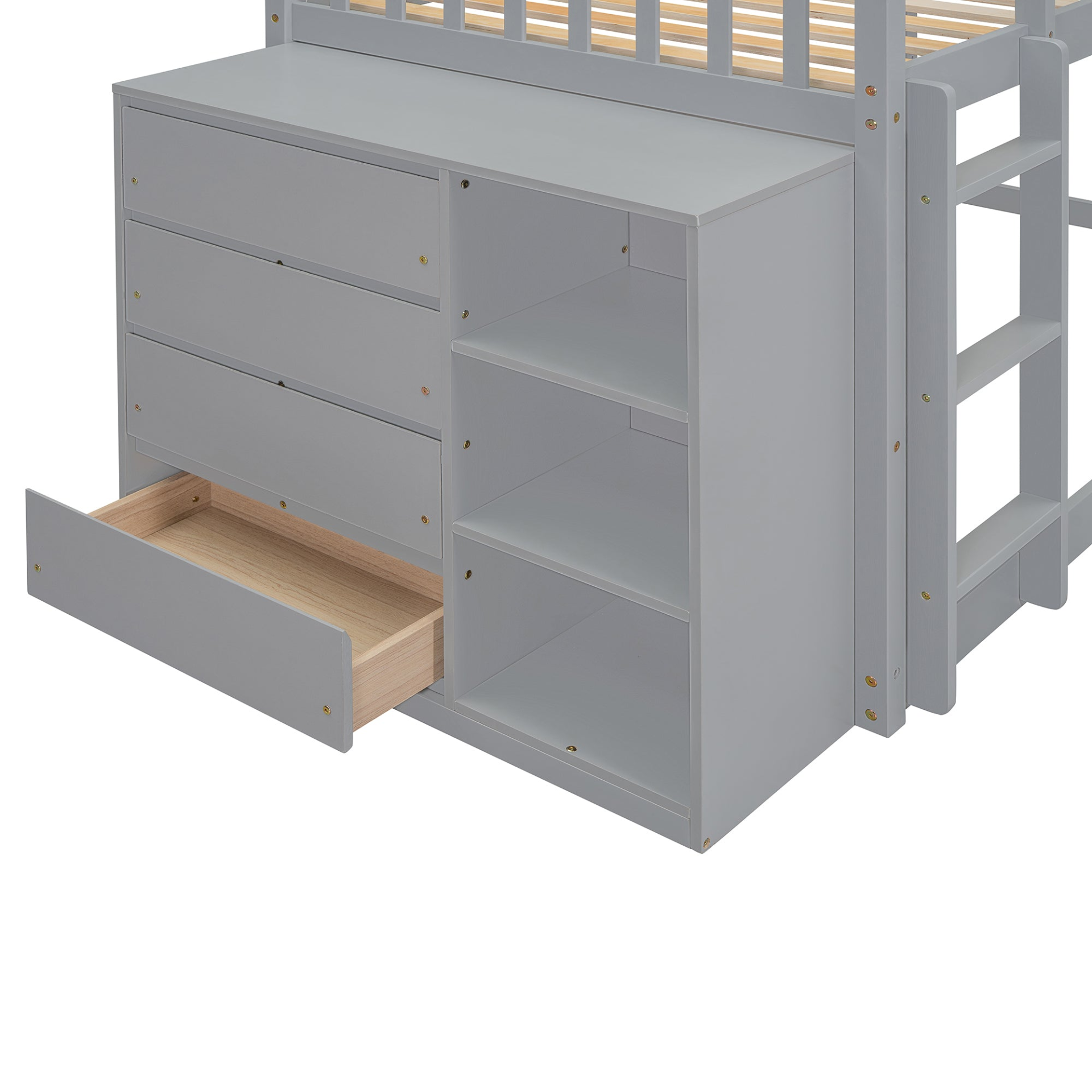 Start2Finish twin over twin bunk bed with solid wood frame, 4 drawers, and 3 shelves for versatile bedroom storage.