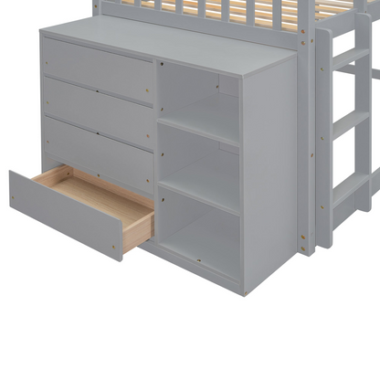 Start2Finish twin over twin bunk bed with solid wood frame, 4 drawers, and 3 shelves for versatile bedroom storage.