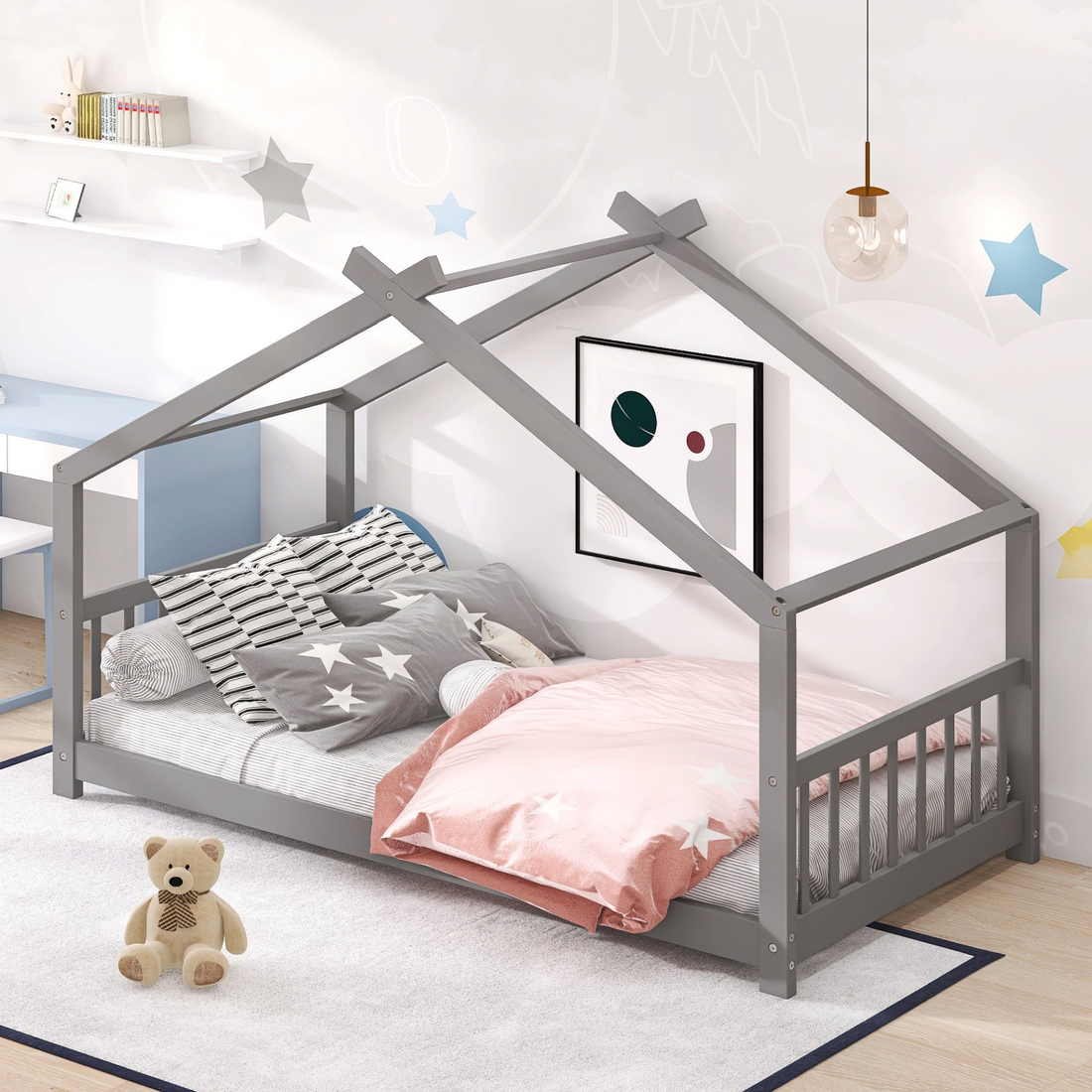 Solid wood twin house bed with slatted base, kids house-style frame by Start2Finish, perfect for children&
