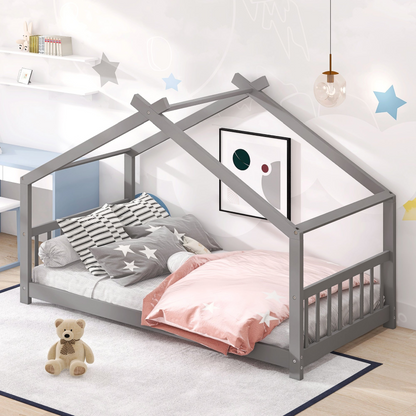Solid wood twin house bed with slatted base, kids house-style frame by Start2Finish, perfect for children&
