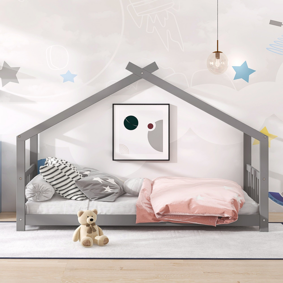 Start2Finish twin size house bed with solid wood frame and slatted base, designed for kids, featuring a house-style design.