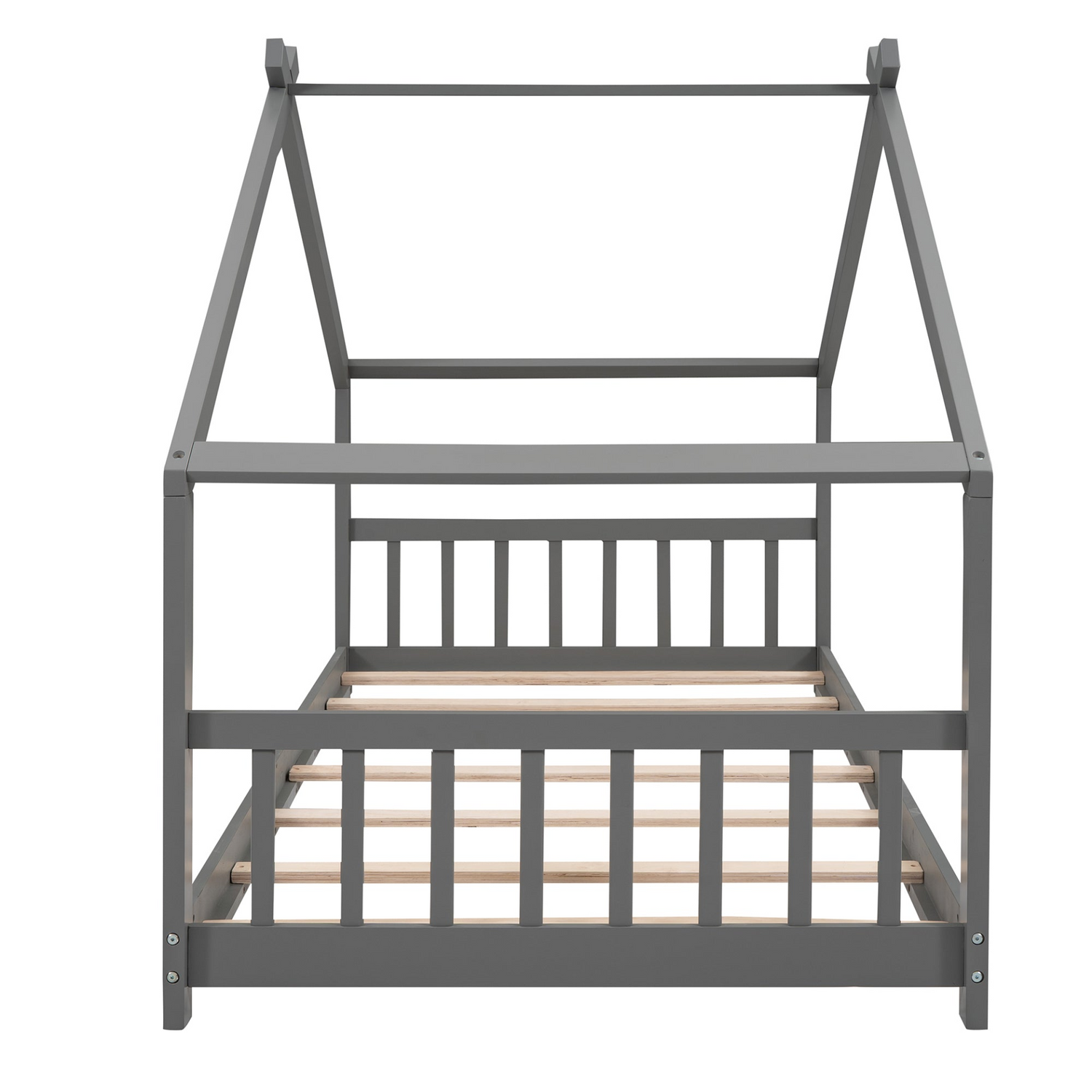Start2Finish twin size house bed with solid wood frame and slatted base, designed for kids, featuring a cozy house-style design.