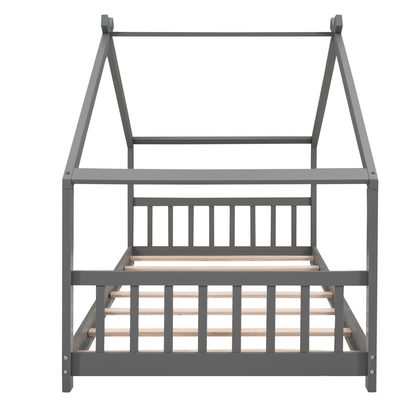 Start2Finish twin size house bed with solid wood frame and slatted base, designed for kids, featuring a cozy house-style design.