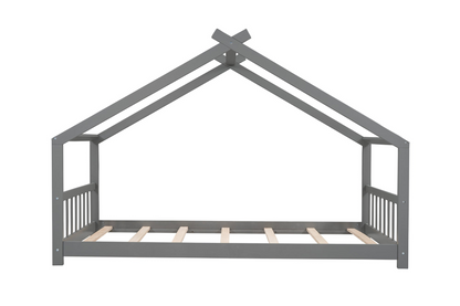 Start2Finish twin size wood house bed with slatted base, solid wood frame, kid-friendly house-style design for children’s bedroom.
