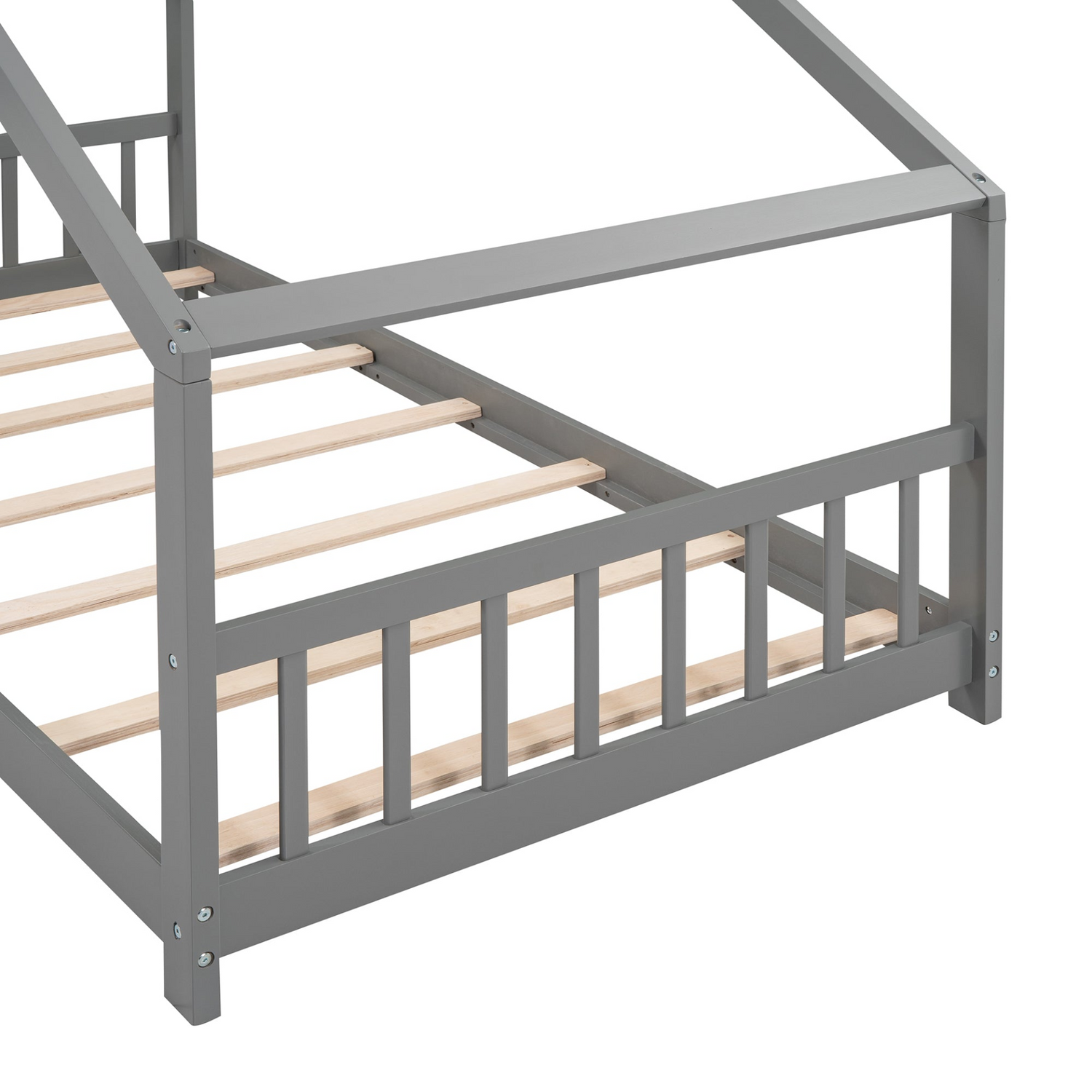 Solid wood twin house bed with slatted base, kids house-style frame, sturdy construction, and natural wood finish by Start2Finish.