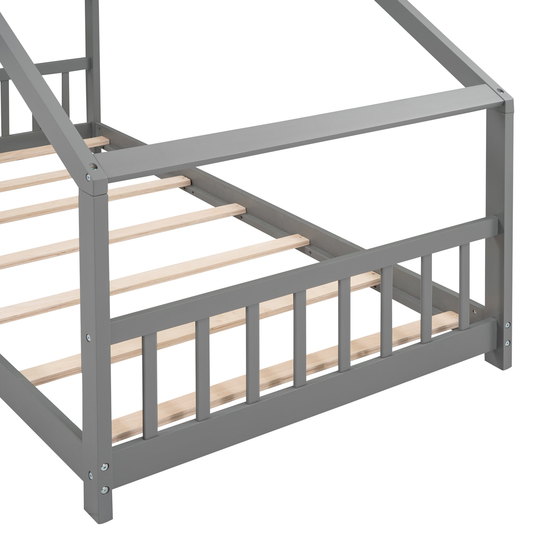 Solid wood twin house bed with slatted base, kids house-style frame, sturdy construction, and natural wood finish by Start2Finish.