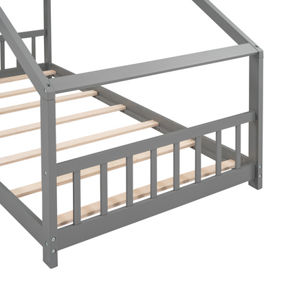 Solid wood twin house bed with slatted base, kids house-style frame, sturdy construction, and natural wood finish by Start2Finish.