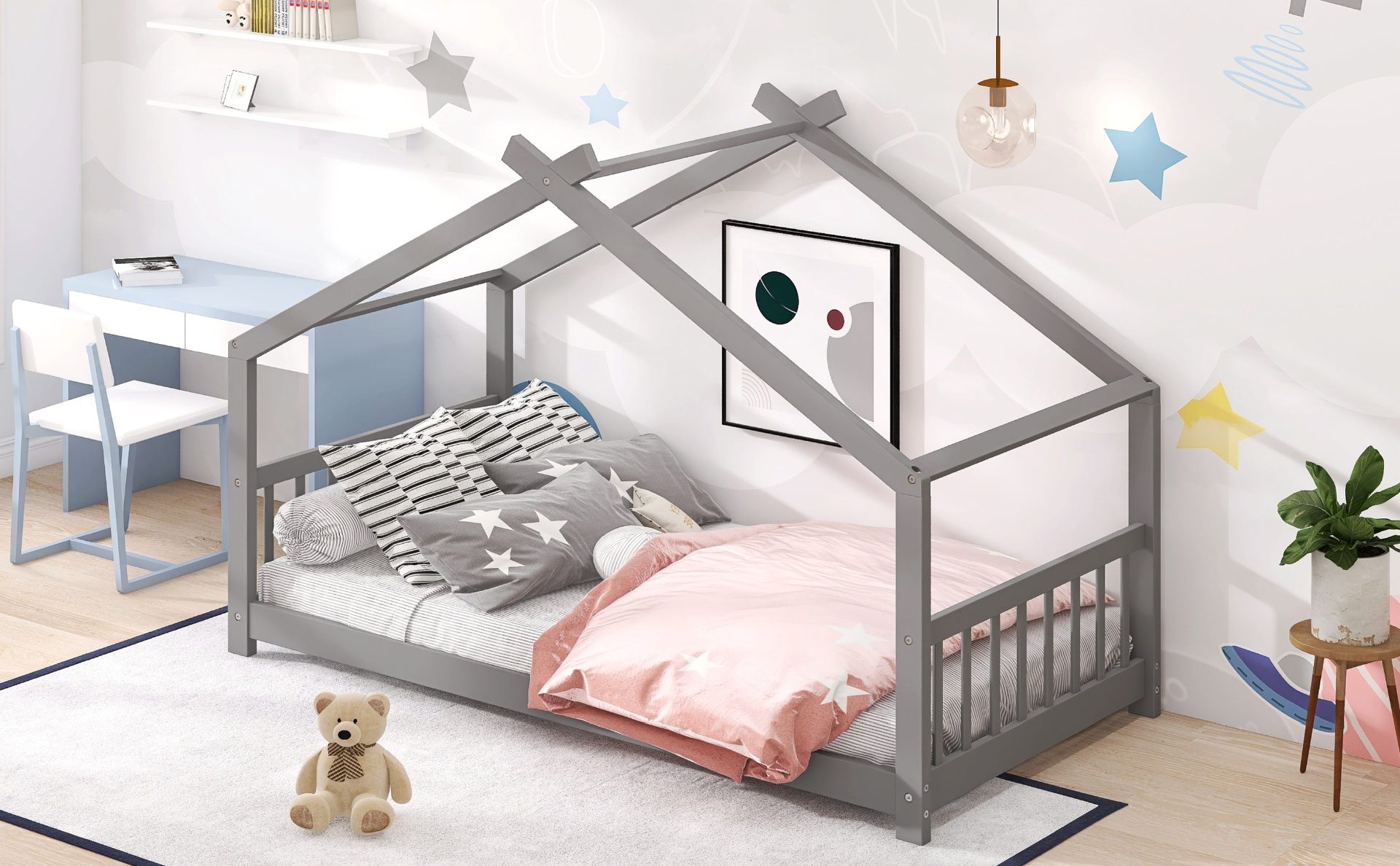 Start2Finish twin size house bed with solid wood frame, kids house-style bed featuring a slatted base and natural wood finish.