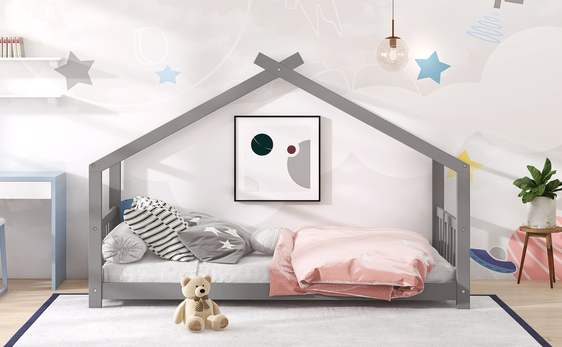 Start2Finish twin size house bed with solid wood frame and slatted base, designed for kids, featuring a charming house-style design.
