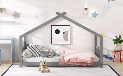 Start2Finish twin size house bed with solid wood frame and slatted base, designed for kids, featuring a charming house-style design.