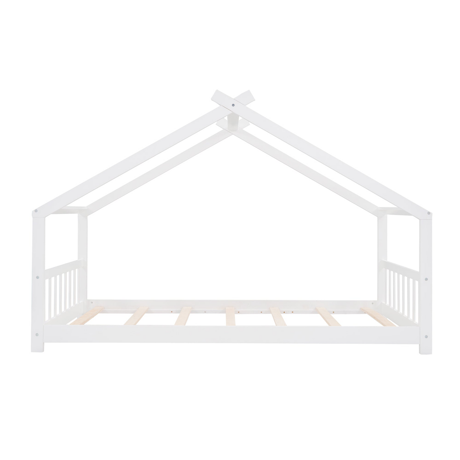 Solid wood twin house bed with slatted base, children’s house-style frame, featuring a cozy enclosed design and sturdy construction.