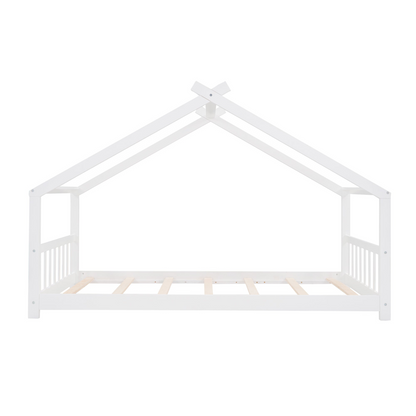 Solid wood twin house bed with slatted base, children’s house-style frame, featuring a cozy enclosed design and sturdy construction.
