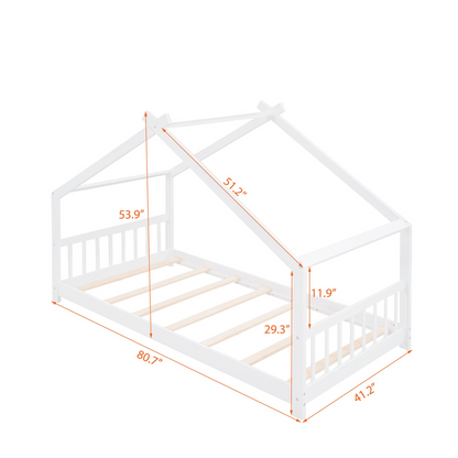 Start2Finish twin size house bed with solid wood frame, kids house-style bed featuring a slatted base for support and safety.