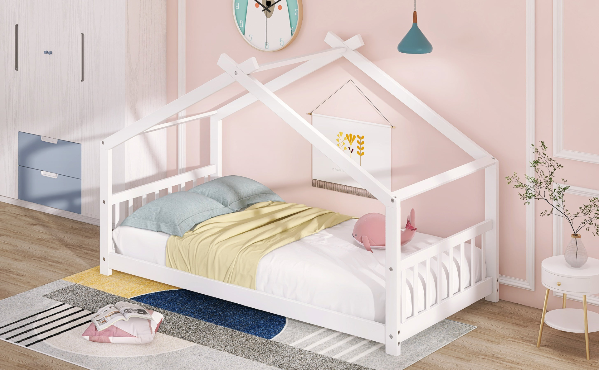 Solid wood twin house bed for kids with slatted base, featuring a house-style design and sturdy frame by Start2Finish.