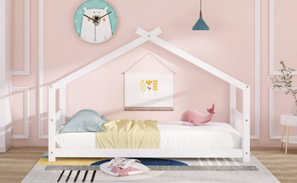 Solid wood twin house bed with slatted base for kids, featuring a playful house-style design and sturdy frame by Start2Finish.