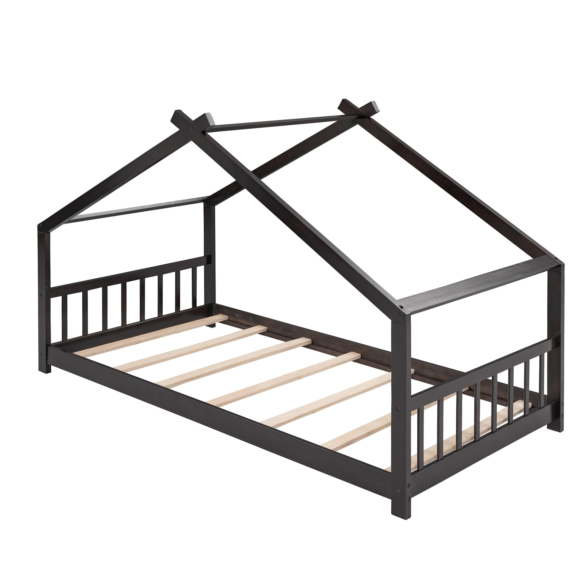 Start2Finish twin house bed with solid wood frame, kids’ house-style bed featuring slatted base and playful design.