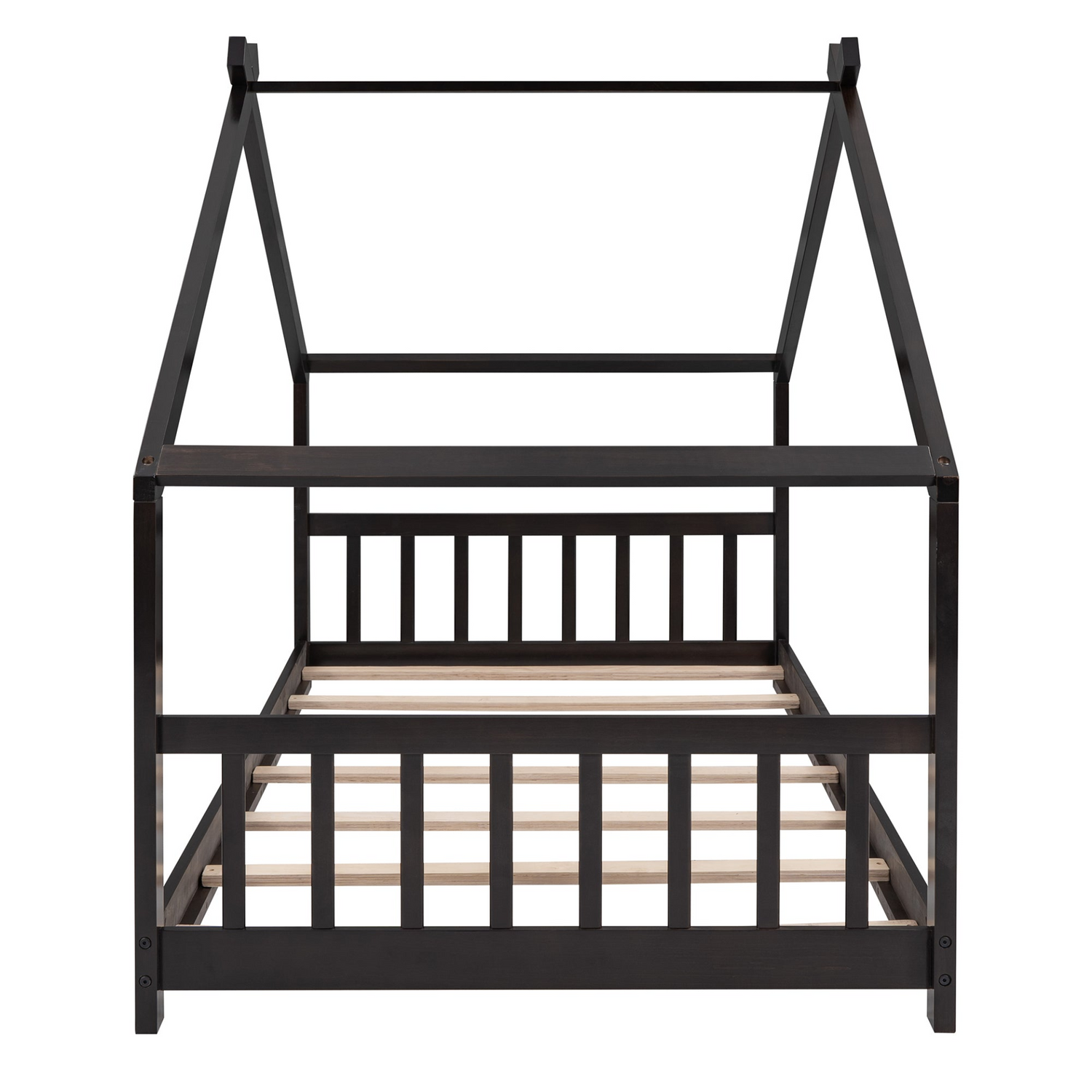 Solid wood twin house bed by Start2Finish with a slatted base, designed for kids, featuring a charming house-style frame.