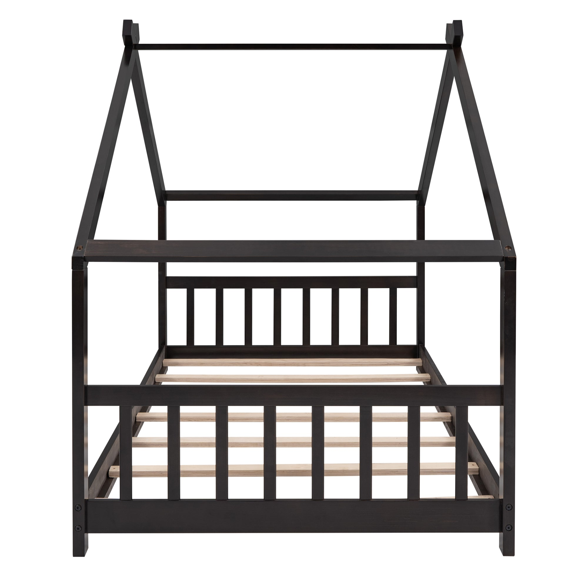 Solid wood twin house bed by Start2Finish with a slatted base, designed for kids, featuring a charming house-style frame.