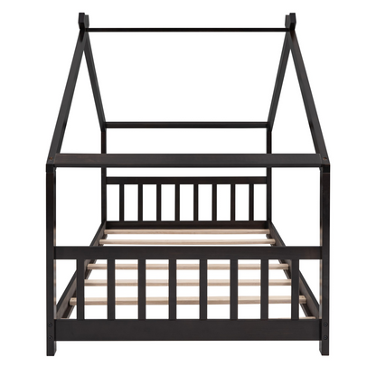 Solid wood twin house bed by Start2Finish with a slatted base, designed for kids, featuring a charming house-style frame.