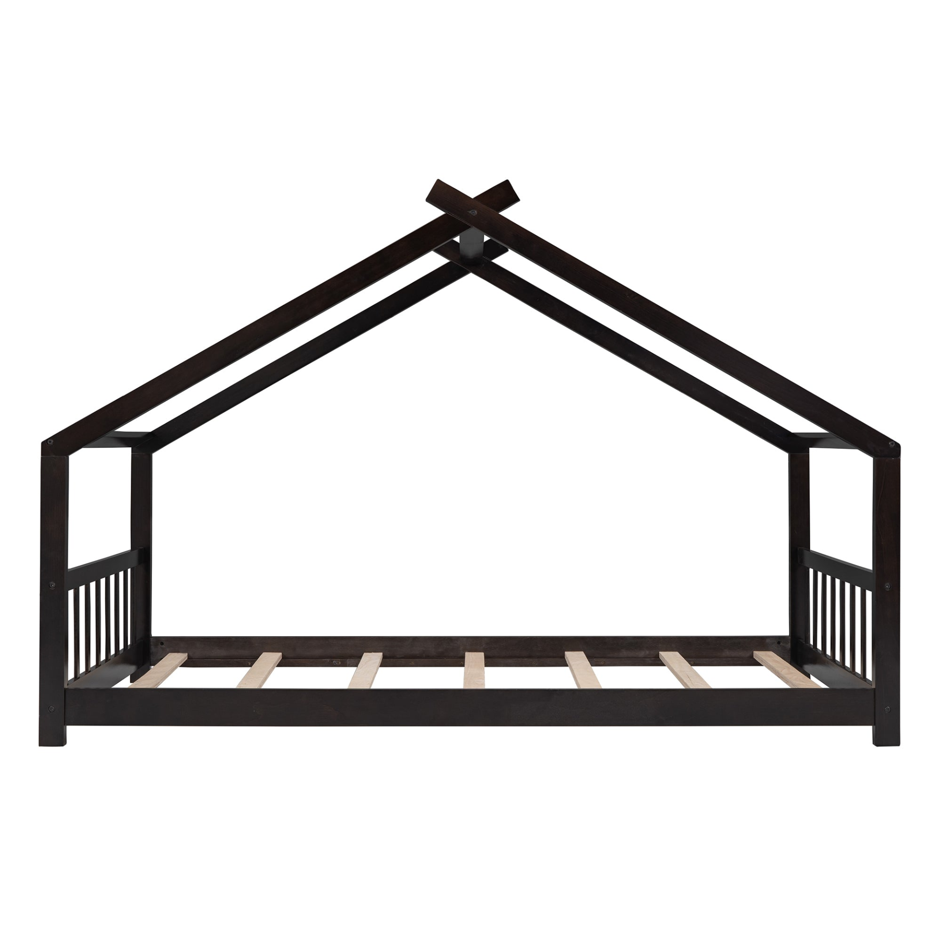 Start2Finish twin size house bed with solid wood frame, kids house-style bed featuring slatted base and playful design.