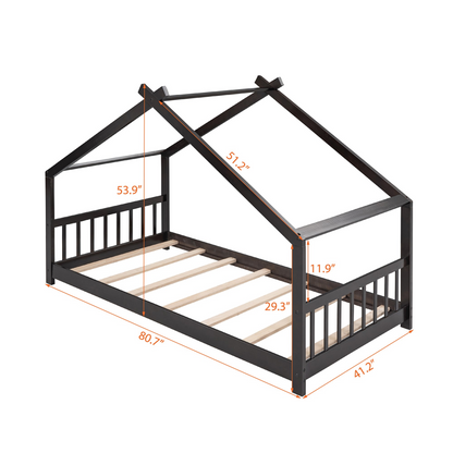Solid wood twin house bed with slatted base, kids&