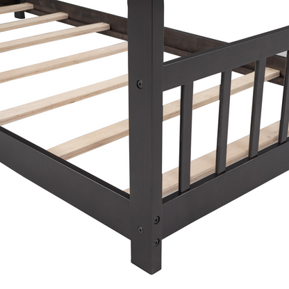 Start2Finish twin size house bed with solid wood frame and slatted base, designed for kids, featuring a house-style design and natural wood finish.