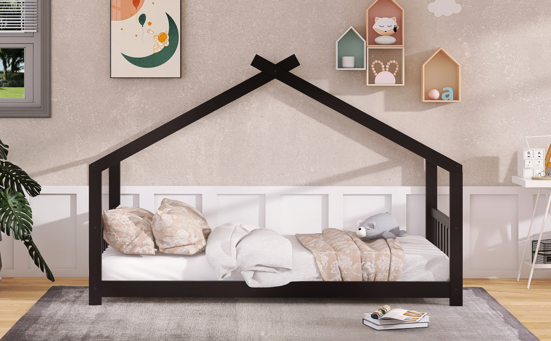 Solid wood twin size house bed with slatted base by Start2Finish, featuring a kids house-style design and sturdy frame.