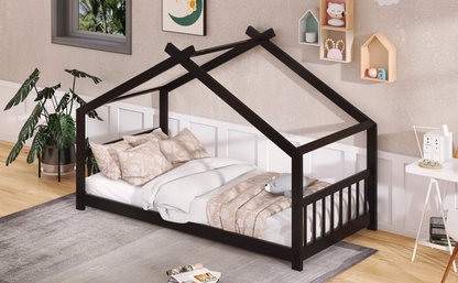 Start2Finish twin size house bed with solid wood frame and slatted base, designed for kids with a cozy house-style appearance.