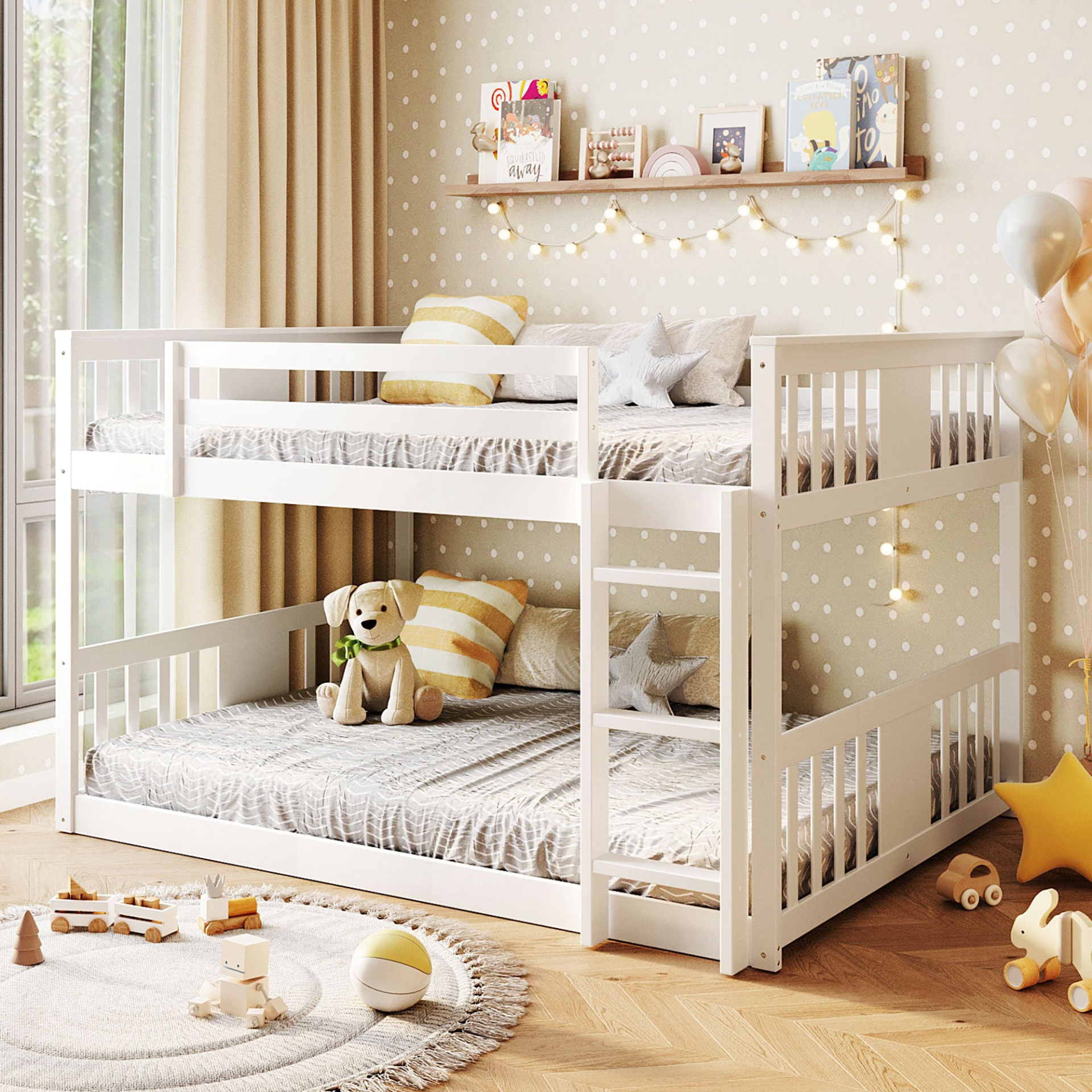 Start2Finish full over full bunk bed with ladder, space-saving and sturdy design for shared bedrooms, made of wood with safety features.