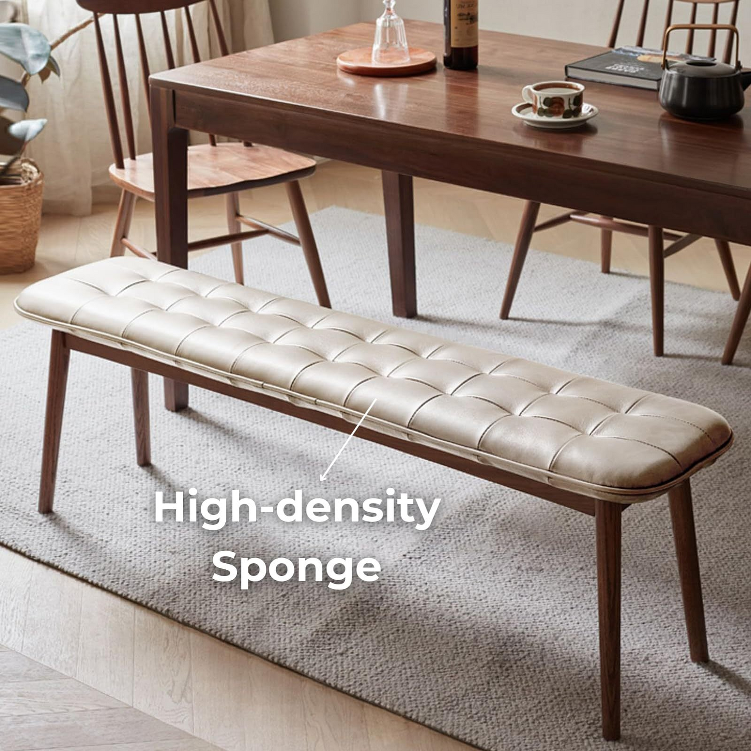 Natural oak wood dining bench with leather cushion, part of Start2Finish furniture set for living room seating.