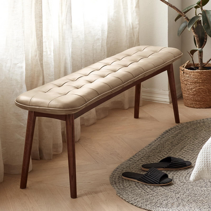 Natural oak wood dining bench with leather cushion, ideal for living room, by Start2Finish, featuring sturdy construction and comfortable seating.