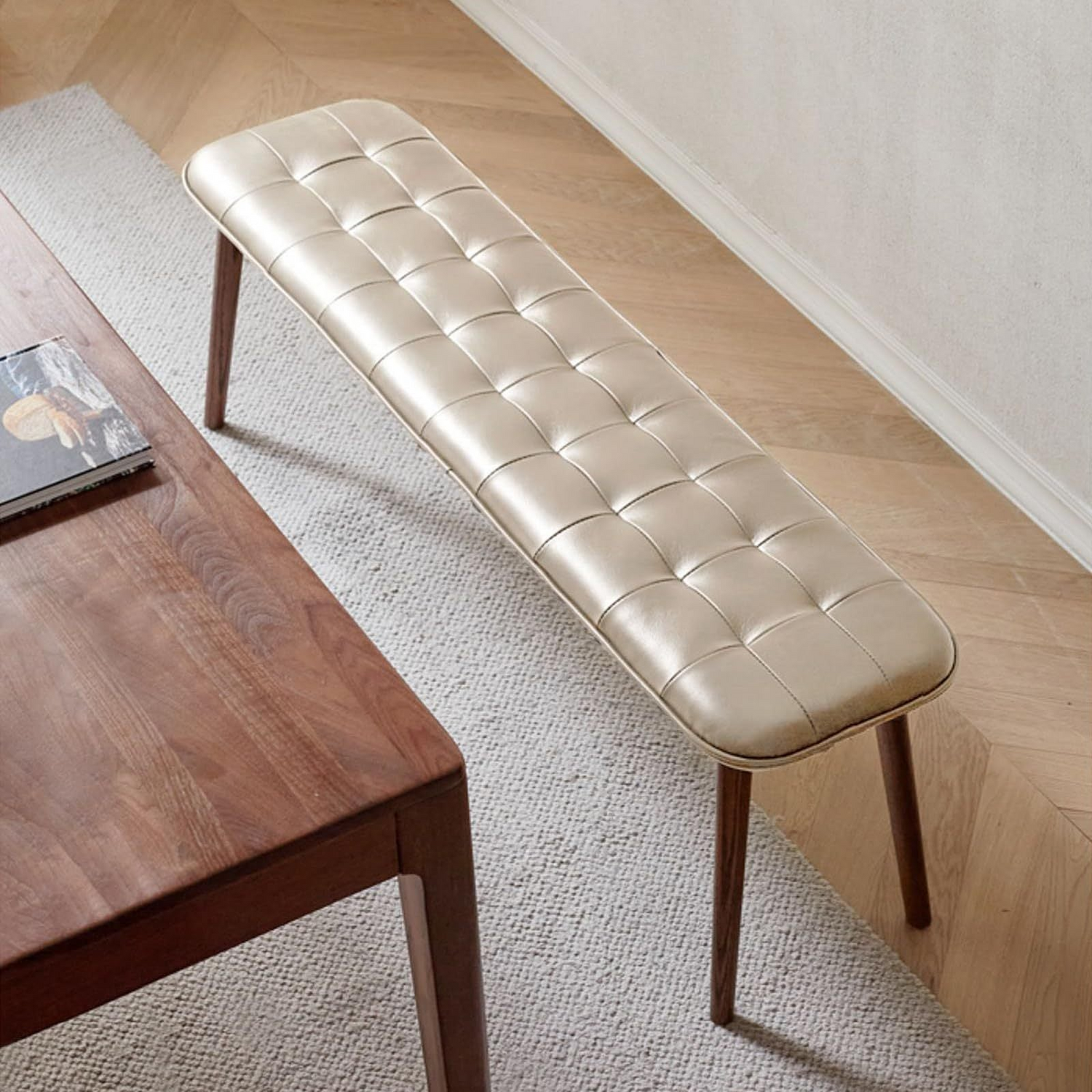 Natural oak wood dining bench with leather cushion, ideal for living room, by Start2Finish furniture.