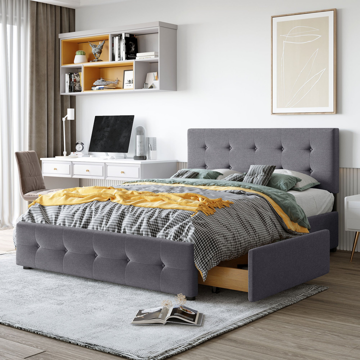 Start2Finish upholstered platform bed with classic headboard, linen fabric, and four storage drawers in a modern bedroom setting.