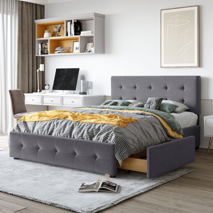 Start2Finish upholstered platform bed with classic headboard, linen fabric, and four storage drawers in a modern bedroom setting.