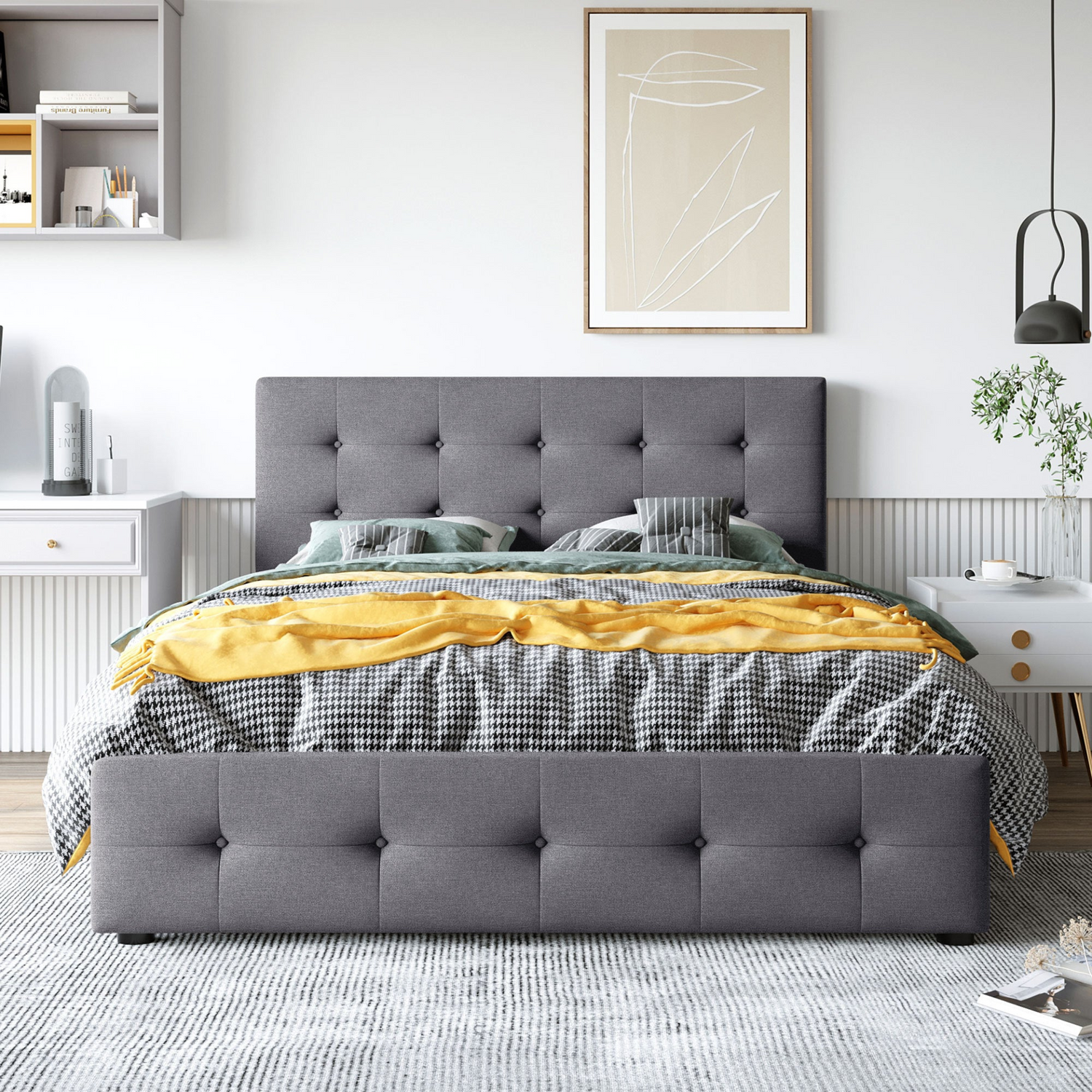 Start2Finish upholstered platform bed with classic headboard, linen fabric, and four storage drawers for a stylish bedroom look.