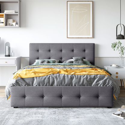 Start2Finish upholstered platform bed with classic headboard, linen fabric, and four storage drawers for a stylish bedroom look.