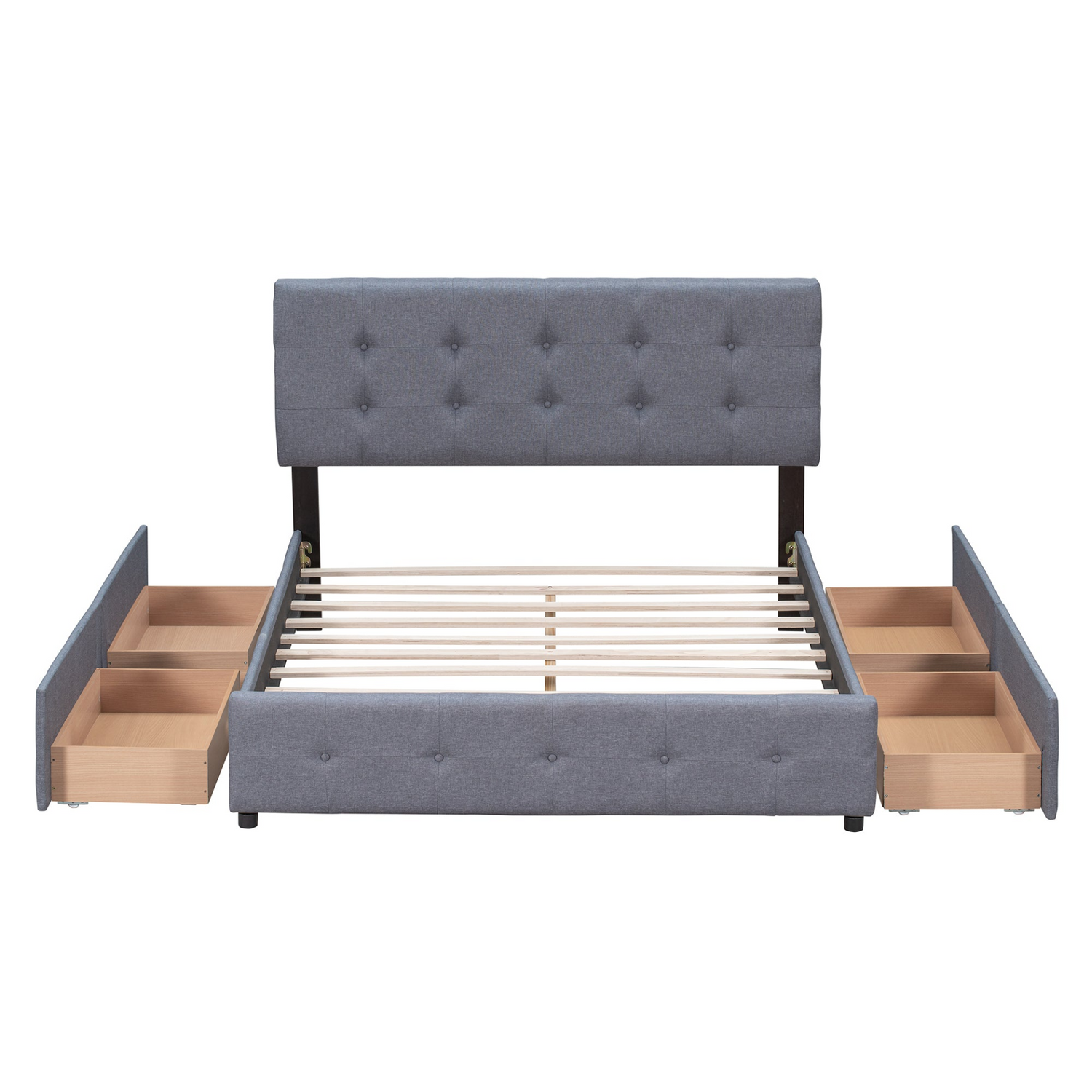 Start2Finish linen fabric upholstered platform bed with classic headboard and four storage drawers, shown from side angle.