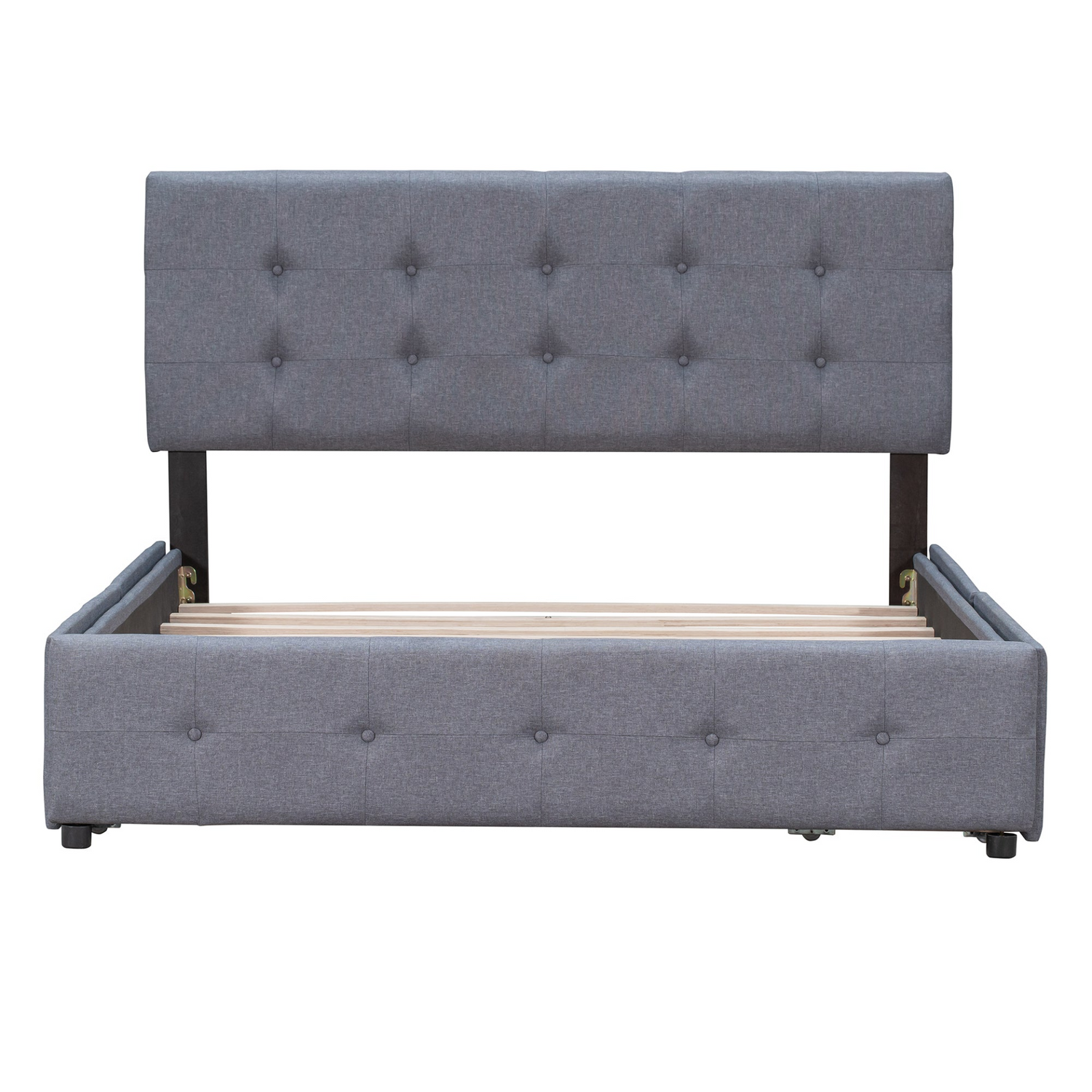 Start2Finish upholstered platform bed with classic headboard, linen fabric, and four storage drawers in a modern bedroom setting.