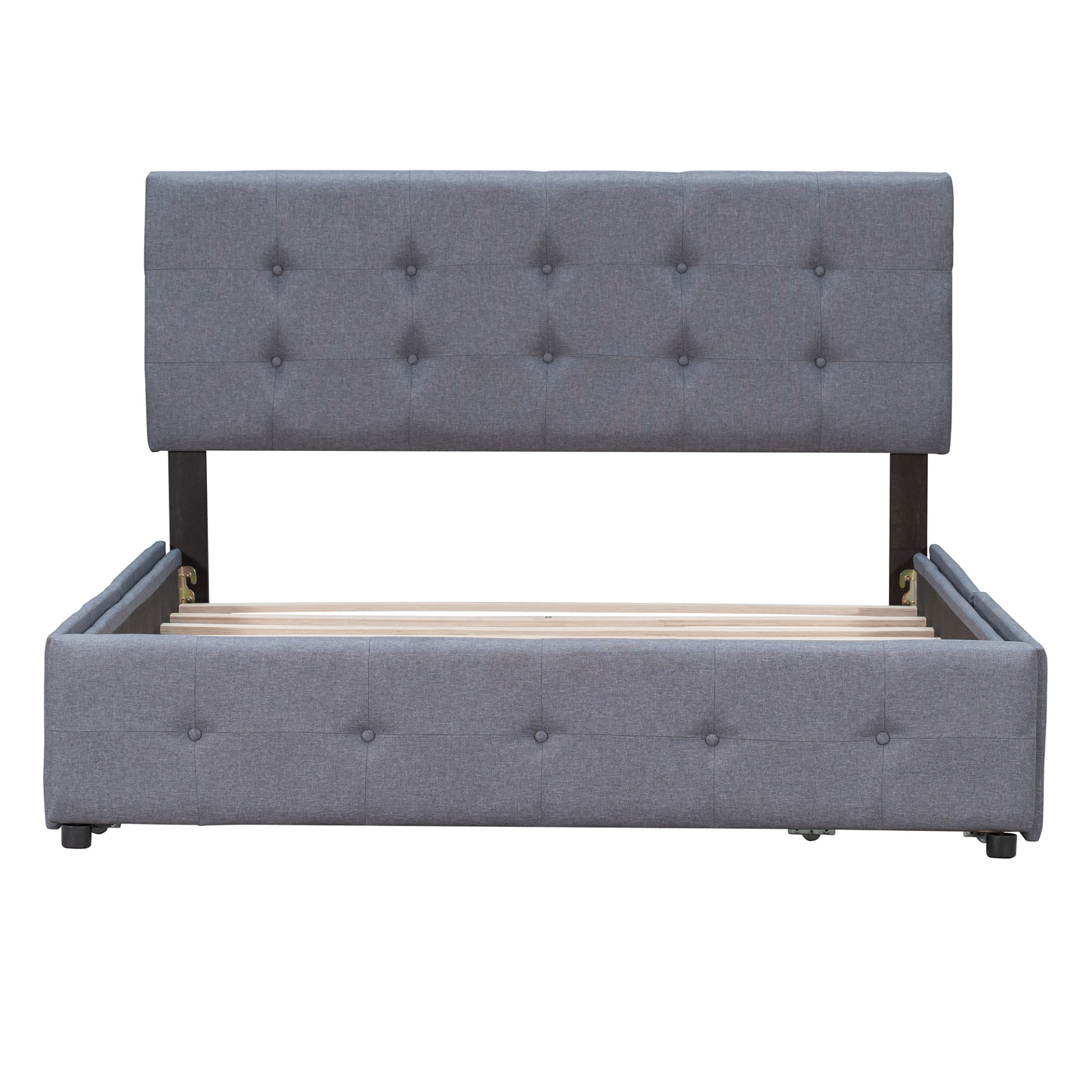 Start2Finish upholstered platform bed with classic headboard, linen fabric, and four storage drawers in a modern bedroom setting.