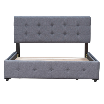 Start2Finish upholstered platform bed with classic headboard, linen fabric, and four storage drawers in a modern bedroom setting.