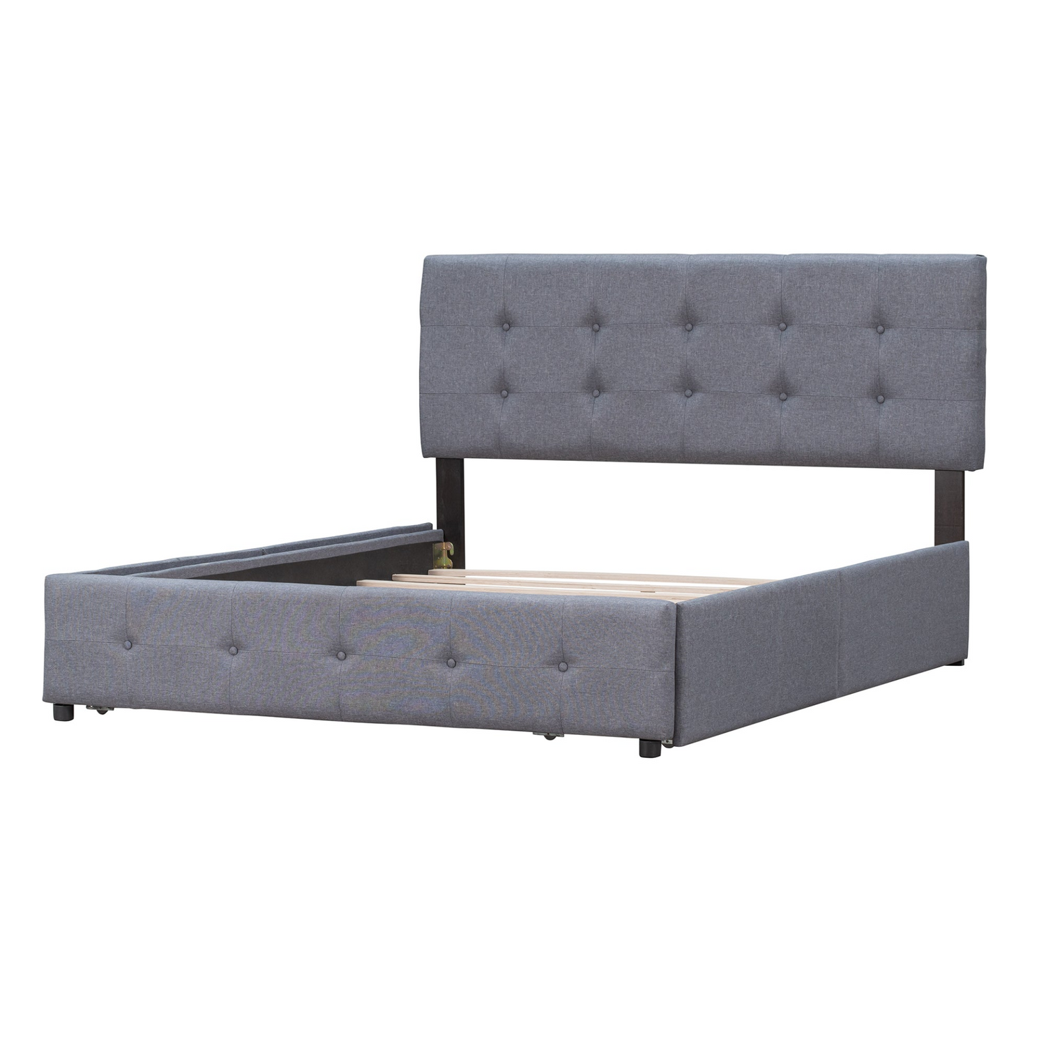 Start2Finish upholstered platform bed with classic headboard and four linen fabric drawers, shown with a sleek, modern design.
