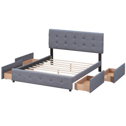 Start2Finish upholstered platform bed with classic headboard and four linen fabric drawers, showcasing a stylish and functional bedroom centerpiece.